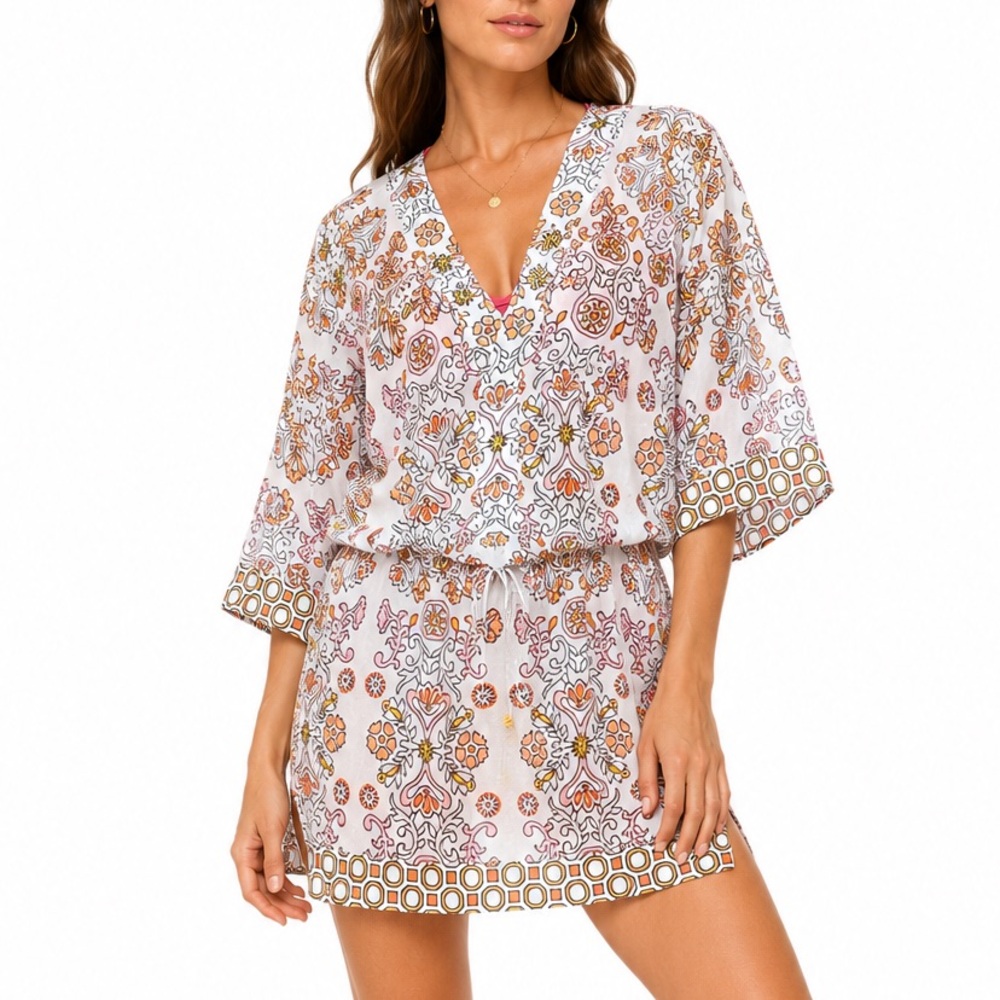 Tory Burch M Cotton Silk Tunic Beach Cover Up Drawstring Waist Slits Sides Top
